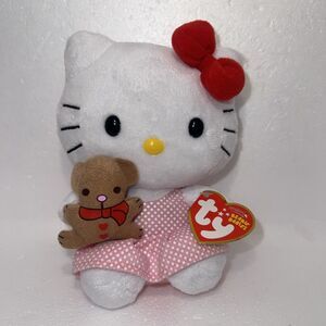 Ty HELLO KITTY Pink/White Spotted Dress Holding Teddy Bear Beanie Baby 6” 2010